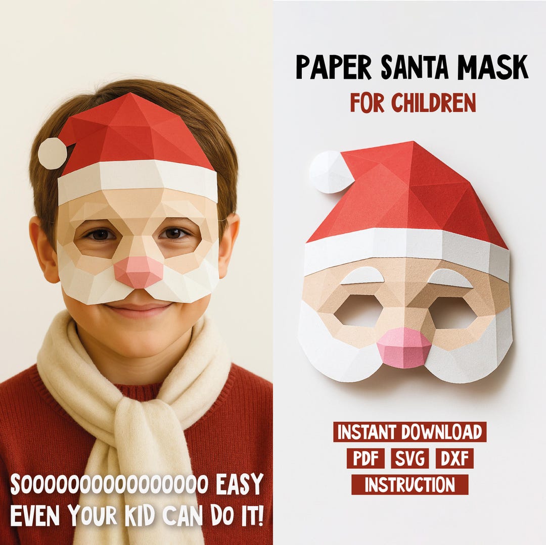 3D Paper Santa Mask Template – Easy Low Poly Papercraft Pattern (pdf ...