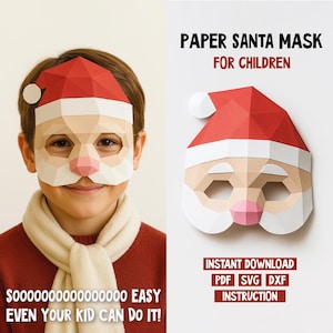 Könnte beinhalten: Ein Kind trägt eine Papier-Weihnachtsmannmaske mit roter Mütze, weißem Rand und rosa Nase. Die Maske besteht aus geometrischen Formen. Der Text auf dem Bild lautet "PAPER SANTA MASK FOR CHILDREN" und "SOOOOOOOOOOOO EASY EVEN YOUR KID CAN DO IT!"