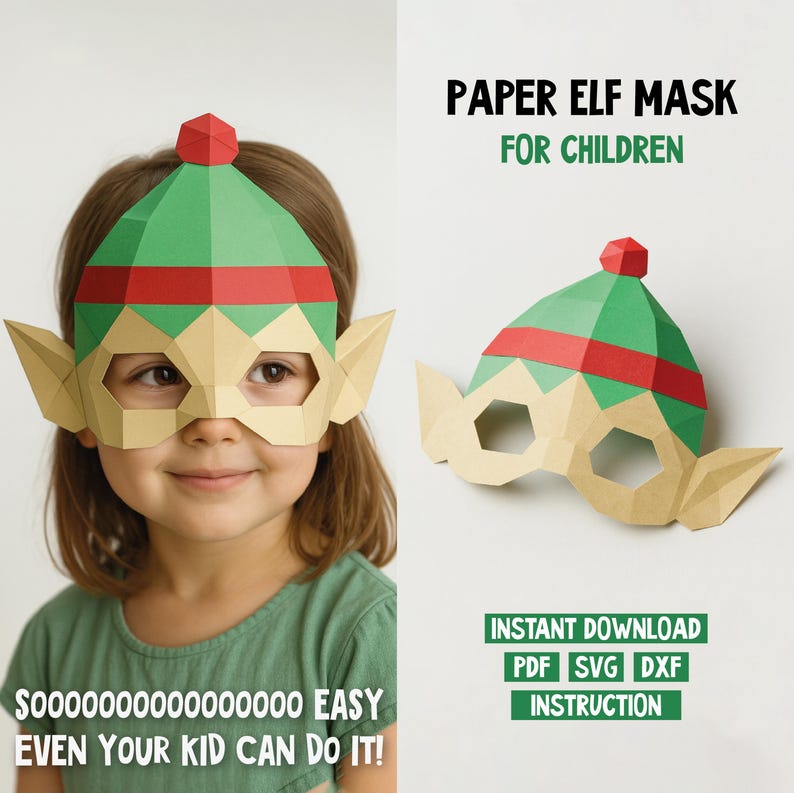 3D Paper Elf Mask Template – Easy Low Poly DIY Papercraft Pattern (pdf ...