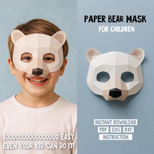 Könnte beinhalten: Eine Papierbärenmaske mit geometrischem Design, getragen von einem Kind. Die Maske ist hellbeige mit einer schwarzen Nase und Augenöffnungen. Der Text auf dem Bild lautet "PAPER BEAR MASK FOR CHILDREN" und "SOOOOOOOOOOOOOOOO EASY EVEN YOUR KID CAN DO IT!"