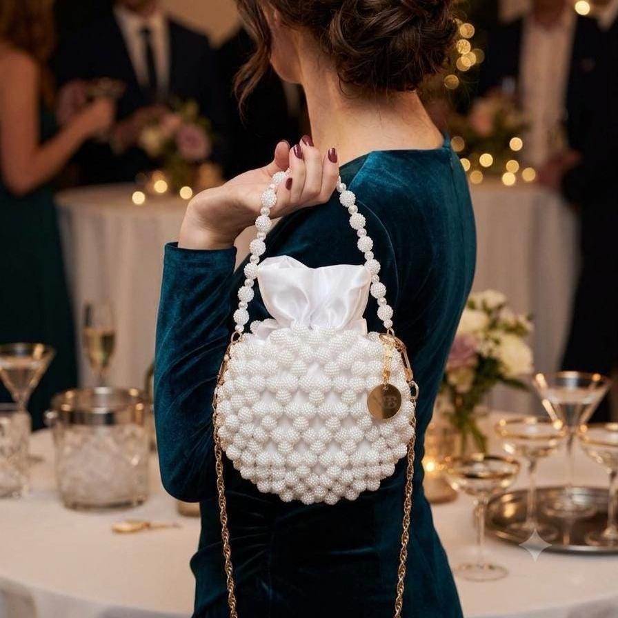 Pearl Beaded Round Evening Bag, Gold Chain Cocktail Clutch Purse