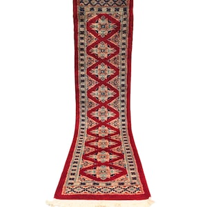 May include: A long, rectangular red rug with a central geometric pattern in shades of blue, beige, and green. The rug has a fringe at both ends and a border with a repeating design. The rug is likely made of woven material.