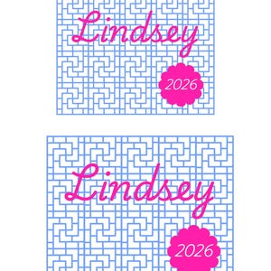 May include: Two rectangular designs with a blue geometric pattern. The word "Lindsey" is written in pink script across the top, and a pink flower shape with the number "2026" is at the bottom.