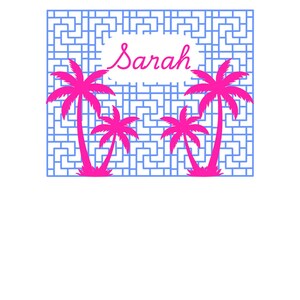 Può includere: Un design grafico con il nome "Sarah" in corsivo, su uno sfondo bianco a forma di nuvola. Il design include palme rosa e un motivo geometrico blu, creando un tema tropicale.