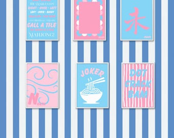 Mahjong Set of Print Printable PDF Wall Art pink and blue