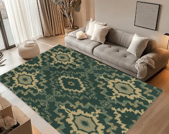 Grüner Afghan Teppich, Vintage Tribal Muster, Boho Orientteppich, Traditioneller afghanischer Teppich, Boho Teppich, Textilteppich, waschbar, rutschfest