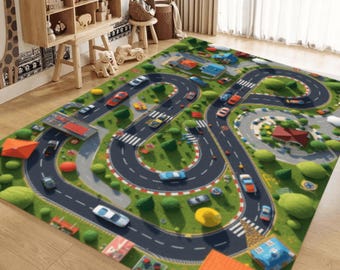 May include: A colorful children's play rug featuring a winding road design with toy cars, buildings, and green grass. The rug has a detailed road layout with curves, intersections, and a bridge. The rug is designed for imaginative play and is suitable for a child's bedroom or playroom.