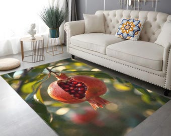Granatapfel-Kelim Teppich, Boho-Gartendeko, Waschbarer Teppich, Rutschfester Teppich