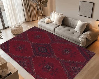 Tappeto afgano vintage, tappeto con motivo tribale rosso, tappeto orientale boho, tessuto tradizionale afgano, tappeto boho, tappeto lavabile e antiscivolo