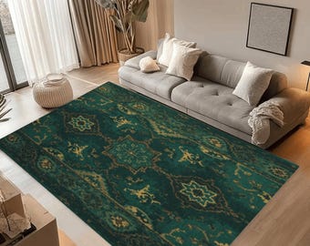 Grüner Afghan Teppich, Vintage Tribal Muster, Boho Orientteppich, Traditioneller afghanischer Teppich, Boho Teppich, Textilteppich, waschbar, rutschfest