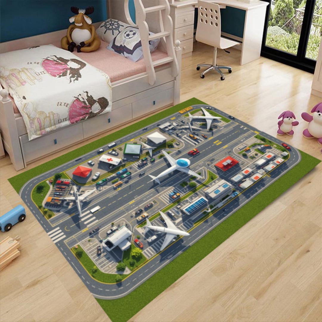 Transportation Rug Airport Play Rug for Kids, Transportation Road Map, Playroom Carpet ...