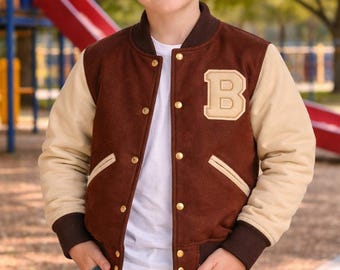 Dziecięca kurtka bomberka Hotline Miami Flight Brown Varsity | Chłopięca ręcznie robiona brązowa wełniana kurtka baseballowa | Dziecięca brązowa kurtka bomberka Varsity z logo B