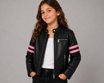 Jaqueta de couro de carneiro para meninas | Jaqueta estilo motoqueiro preta com listras rosa, laranja e branca para crianças de 2 a 12 anos