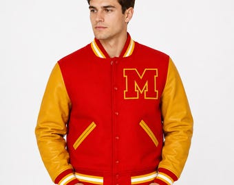 Kurtka MJ Thriller Varsity | Retro bomberka z wełny z lat 80. z rękawami w stylu skórzanym
