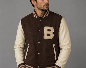 Kurtka Hotline Miami - Ryan Gosling Varsity Jacket Mens Brown Wool Varsity Bomber B Logo Jacket