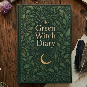 Puede incluir: Un libro de tapa dura de color verde oscuro titulado The Green Witch Diary en letras doradas. La portada presenta un intrincado patrón botánico de hojas doradas y verdes que rodea el texto, con una luna creciente dorada bajo el título.