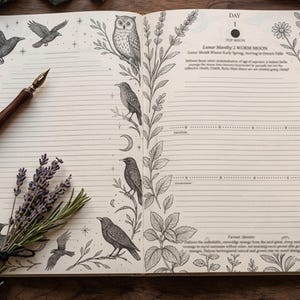 Puede incluir: Un diario abierto con páginas de color crema que presenta ilustraciones en tinta negra de pájaros, un búho y enredaderas botánicas. La página izquierda tiene secciones rayadas y la derecha incluye texto con Day 1, Lunar Monthly 2 WORM MOON.