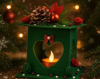 Farol navideño de fieltro verde hecho a mano con luz – Decoración navideña