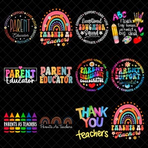 Könnte beinhalten: Eine Sammlung farbenfroher Grafikdesigns mit Texten zum Thema Bildung und Wertschätzung für Lehrer. Designs beinhalten Regenbogen, Bleistifte und die Sätze "Parent Educator", "Parents as Teachers" und "Thank You Teachers."