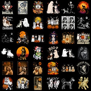 Może przedstawiać: Kolekcja grafik przedstawiających psy rasy Siberian Husky w różnych ilustracjach o tematyce Halloween, w tym duchy, szkielety, dynie i jesienne liście, z niektórymi wzorami zawierającymi napisy takie jak Count Dogula i Husky Power.