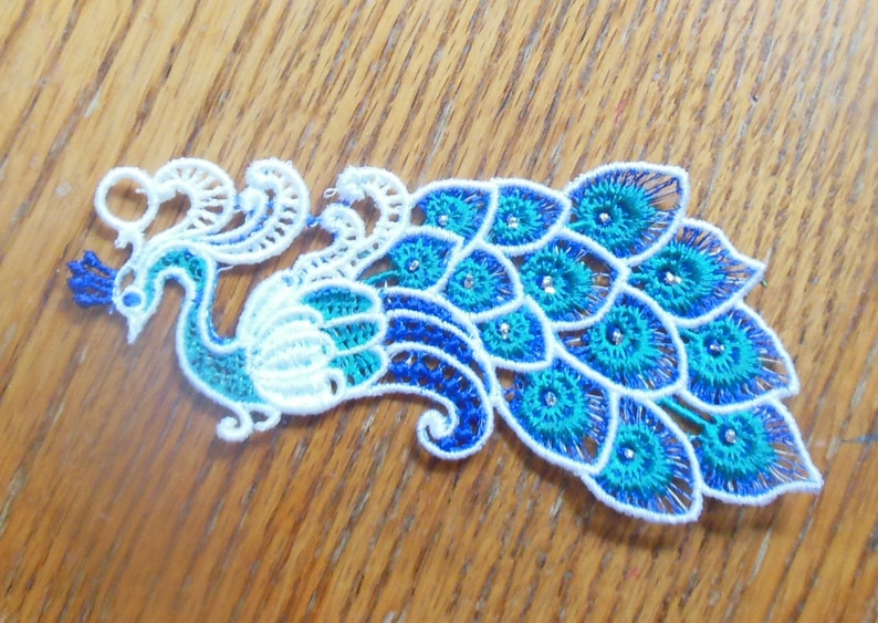 Peacock in metallic or regular teal and blue Lace Applique for Crafts or Crazy Quilt