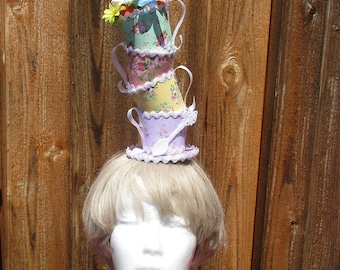 Tea in the Garden Stacked Cups Mini Fascinator Party Hat