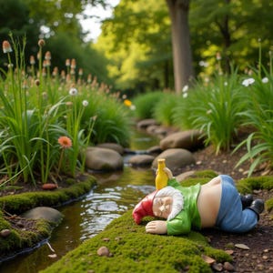 Könnte beinhalten: Eine Gartenzwergfigur, die an der Seite in der Nähe eines Baches liegt, hält eine gelbe Flasche. Der Zwerg trägt einen roten Hut, ein grünes Hemd und eine blaue Hose. Die Szene spielt in einem üppigen, grünen Garten mit einem fließenden Bach.