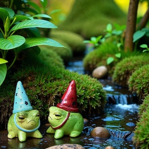 Puede incluir: Dos figuras de ranas verdes con expresiones gruñonas, con sombreros puntiagudos. Uno es azul claro con detalles negros, el otro es rojo con detalles negros. Las ranas están en una escena de jardín en miniatura con un arroyo y musgo.
