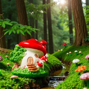 May include: A whimsical mushroom house with a red cap and white spots, nestled in a lush green forest setting. The house features a small wooden door, a green leafy roof, and is surrounded by miniature mushrooms. The scene evokes a fairy tale atmosphere.