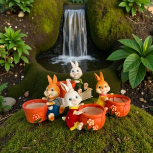 Könnte beinhalten: Eine skurrile Gartenszene mit vier Hasenfiguren, die jeweils einen orangefarbenen Blumentopf halten. Die Hasen tragen bunte Outfits und sind vor einem Miniaturwasserfall und üppigem Grün platziert. Die Töpfe haben Blumendesigns.
