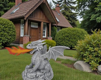 Fire Breathing Dragon Garden Statue Outdoor Decor | Fantasy Resin Dragon Sculpture Gift | Yard Lawn Ornament for Christmas & New Year