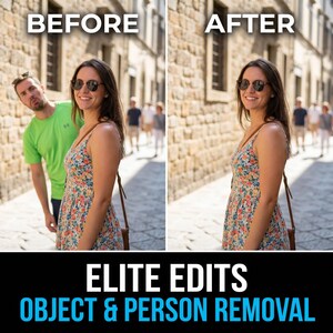 Pode incluir: Comparação de imagens mostrando uma mulher em um vestido floral e óculos de sol antes e depois da remoção de objetos e pessoas. A imagem "Antes" mostra um homem de camisa verde. A imagem "Depois" mostra a mulher sozinha. O texto na parte inferior diz "ELITE EDITS OBJECT & PERSON REMOVAL."