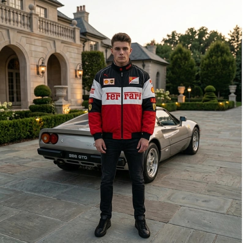 May include: A black, red, and white Ferrari racing jacket with the Ferrari logo and text. The jacket is worn with black jeans and black shoes. A silver Ferrari 288 GTO sports car is in the background.