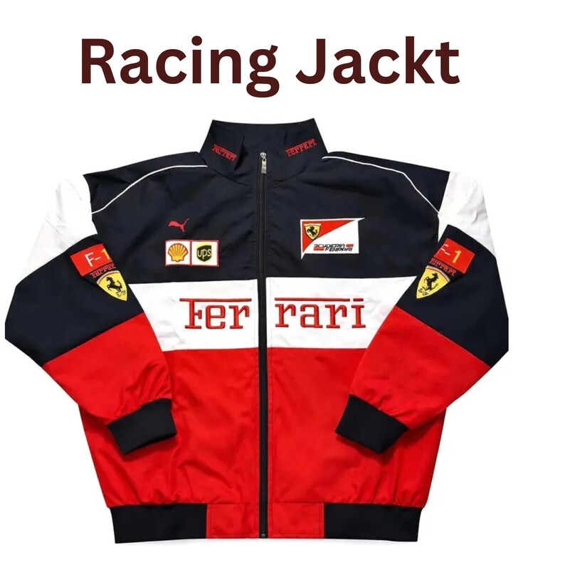 May include: A racing jacket in red, white, and navy blue, with the word "Ferrari" across the chest. The jacket has a zip closure and features logos and patches, including "F-1" and "Puma". The text "Racing Jackt" is at the top.