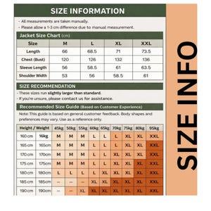 May include: A jacket size chart in centimetres, detailing measurements for sizes M to XXL. The chart includes length, chest, sleeve length, and shoulder width. A size recommendation and a guide based on height and weight are also provided for reference.