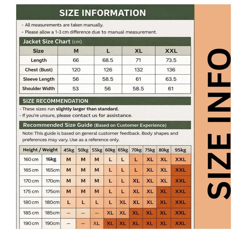 May include: A jacket size chart in centimetres, detailing measurements for sizes M to XXL. The chart includes length, chest, sleeve length, and shoulder width. A size recommendation and a guide based on height and weight are also provided for reference.