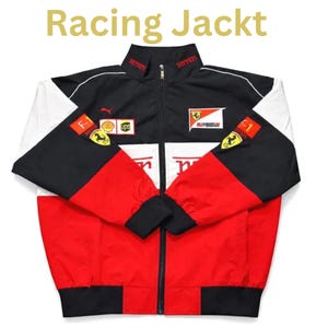 May include: A racing jacket in red, black, and white colour block design. The jacket has a zip closure and features various patches and logos, including "Ferrari" and "F1". The text "Racing Jackt" is displayed at the top.