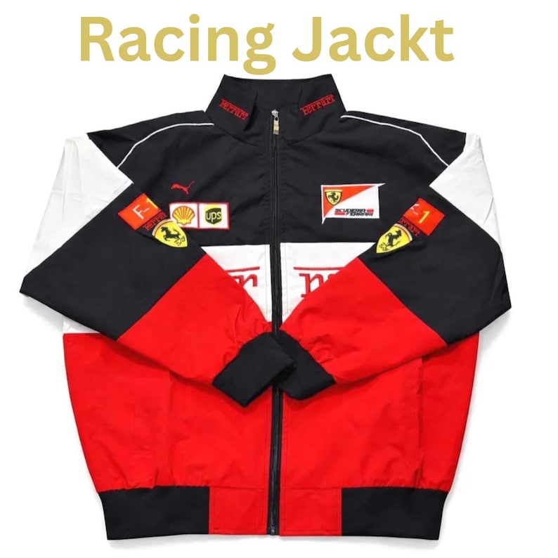 May include: A racing jacket in red, black, and white colour block design. The jacket has a zip closure and features various patches and logos, including "Ferrari" and "F1". The text "Racing Jackt" is displayed at the top.