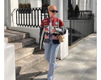 Red Bull Vintage PU Leather Racing Jacket - Embroidered F1 Biker Streetwear, Red & Black Motorsport
