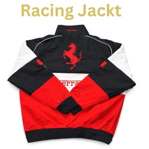 May include: A racing jacket in red, black, and white with a colour block design. The jacket features the word "Ferrari" and a red horse logo. The text "Racing Jackt" is at the top of the image.