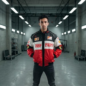 May include: A red, white, and black Ferrari racing jacket with the Ferrari logo and text. The jacket has a zip-up front and is worn with black jeans. The jacket is a sporty style.