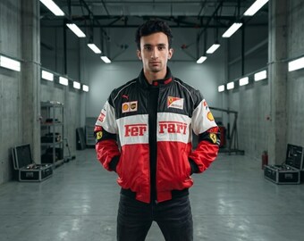 vintage Ferrari F1 Racing Bomber Jacket, Embroidered Motorsport Streetwear Coat