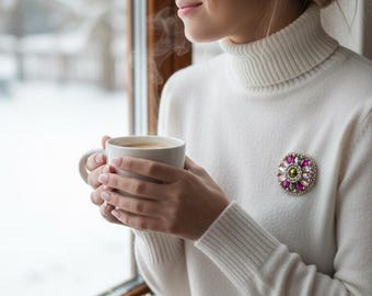 Pink&Green Swarovski Brooch, Beaded Snowflakes Pin, Sparkly Winter Jewelry, Gift for Her, Handmade Embroidery Statement Brooch