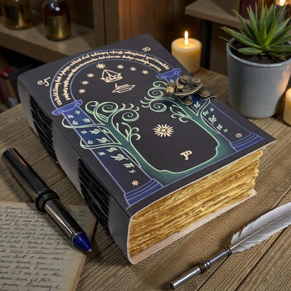 Doors of Durin Leather Grimoire Notebook: Tolkien Lord of the Rings Handmade Journal