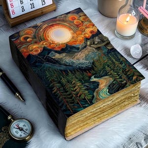 Sunrise Mountain Landscape Leather Journal, Handmade Deckle Edge Pages, Vintage Lock Diary