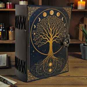 May include: A dark blue leather journal with a gold tree of life design on the cover. The cover features a celestial design with phases of the moon. The journal is closed with a metal clasp and has stitched edges.