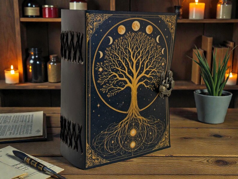 May include: A dark blue leather journal with a gold tree of life design on the cover. The cover features a celestial design with phases of the moon. The journal is closed with a metal clasp and has stitched edges.