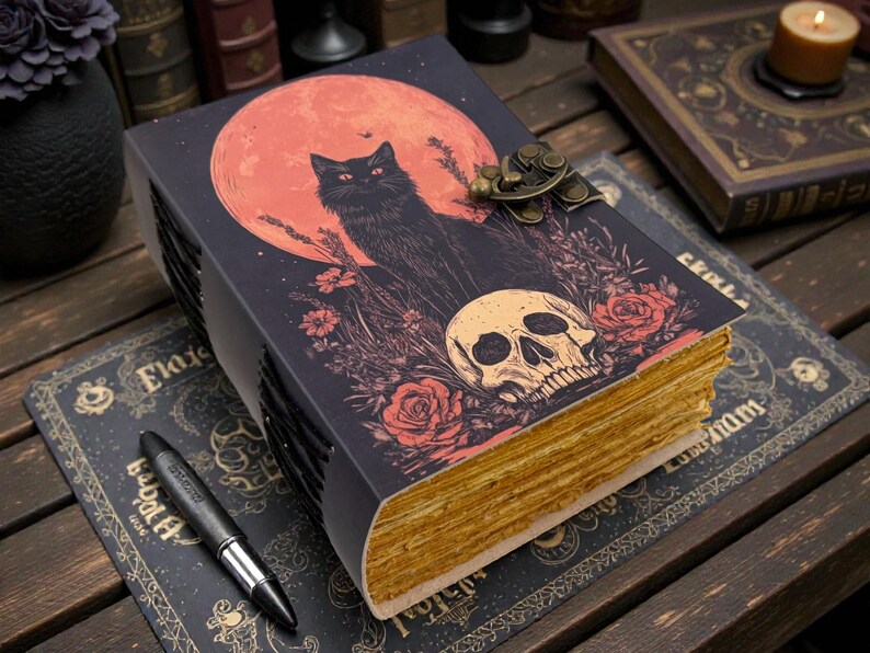 K&ouml;nnte beinhalten: Ein dekoratives Notizbuch mit schwarzem Einband, das eine schwarze Katzen-Silhouette vor einem roten Mond, einem Totenkopf und Rosen zeigt. Das Notizbuch hat alt aussehende Seiten und einen Metallverschluss. Ein Stift liegt auf einer passenden dekorativen Unterlage.