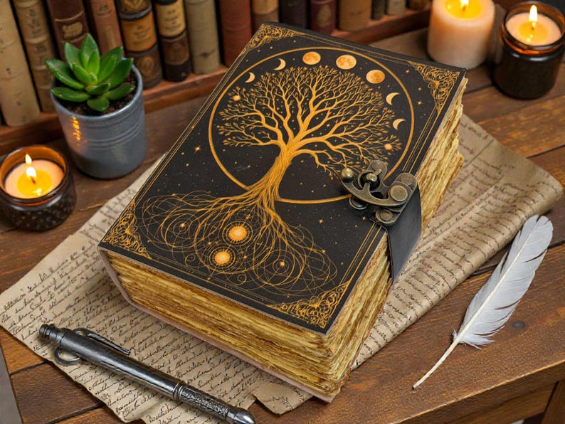 May include: A black journal with a gold tree of life design, moon phases, and a clasp. The journal is on a wooden surface with candles, a succulent plant, a pen, and a feather.