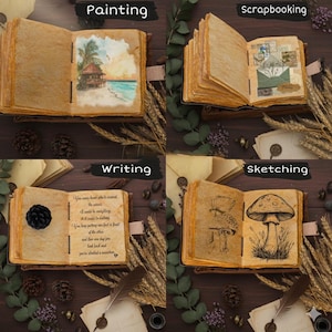 K&ouml;nnte beinhalten: Vier offene Vintage-Journale mit verschiedenen Themen: Malen, Scrapbooking, Schreiben und Skizzieren. Das Maljournal zeigt eine Strandszene. Das Scrapbooking-Journal hat Briefmarken und einen Umschlag. Das Schreibjournal hat Text und eine schwarze Blume. Das Skizzenjournal hat Pilzzeichnungen.